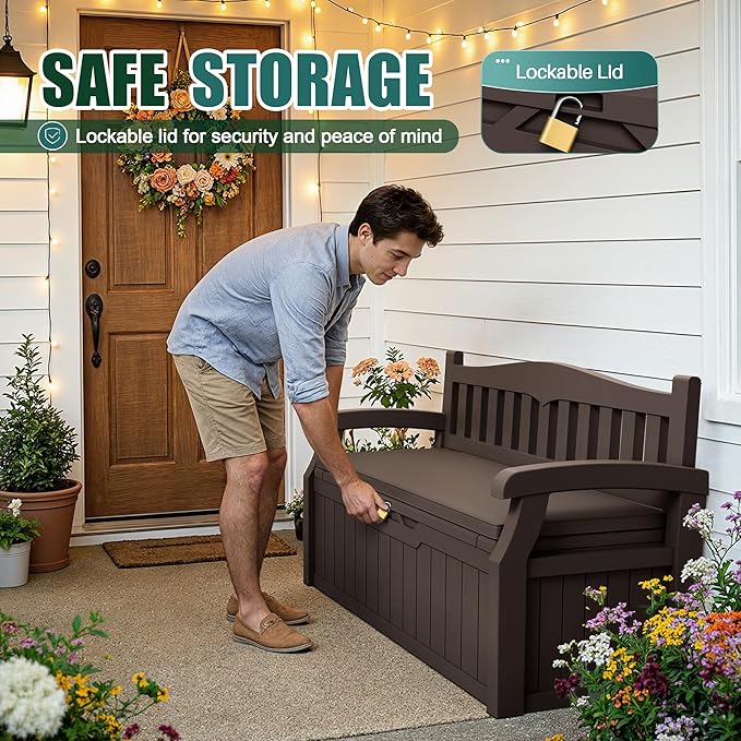 Devoko 80 Gallon Storage Bench with Cushion, Lockable Deck Box for Patio Furniture, Garden Decor and Outdoor Seating for Cushions, Garden Tools and Pool Supplies (Dark Brown, 80 Gallon with Cushion)