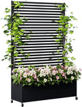 Metal Planter Box with Trellis Privacy Screen, Raised Garden Bed with Trellis & Wheels, Privacy Planters for Patio, Planter Box with Drainage Holes for Climbing Plants, 73"x 47"x 16", Black