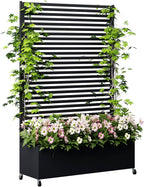 Metal Planter Box with Trellis Privacy Screen, Raised Garden Bed with Trellis & Wheels, Privacy Planters for Patio, Planter Box with Drainage Holes for Climbing Plants, 73"x 47"x 16", Black