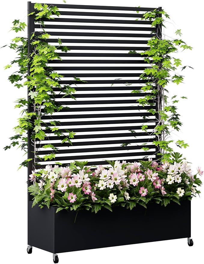 Metal Planter Box with Trellis Privacy Screen, Raised Garden Bed with Trellis & Wheels, Privacy Planters for Patio, Planter Box with Drainage Holes for Climbing Plants, 73"x 47"x 16", Black