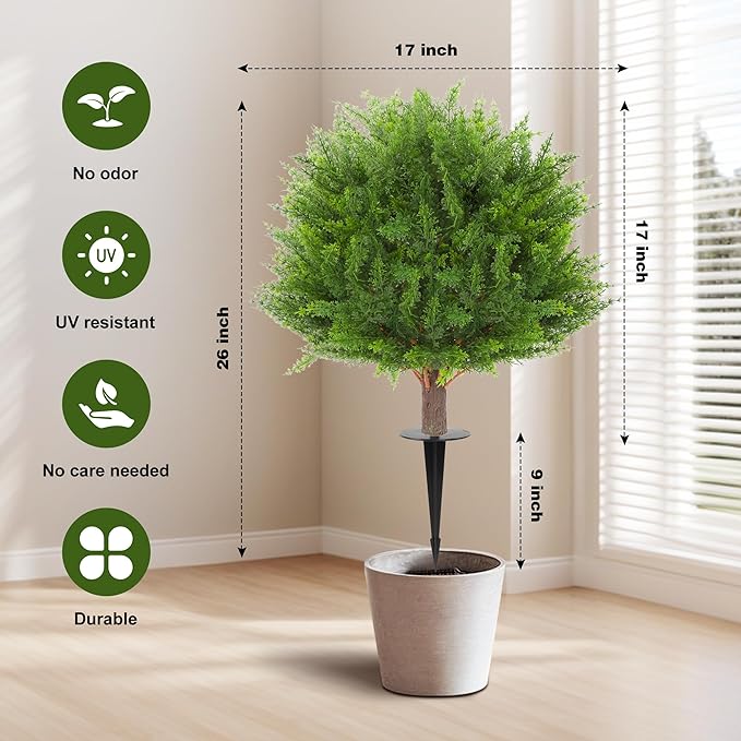 JTING' CHOISIR Set of 2 Artificial Cypress Cedar Boxwood Topiary Ball Trees with Ground Spike, 26 Inches UV Resistant Fake Plant Bushes Shrubs, for Indoor Outdoor Front Porch Garden(Cypress)