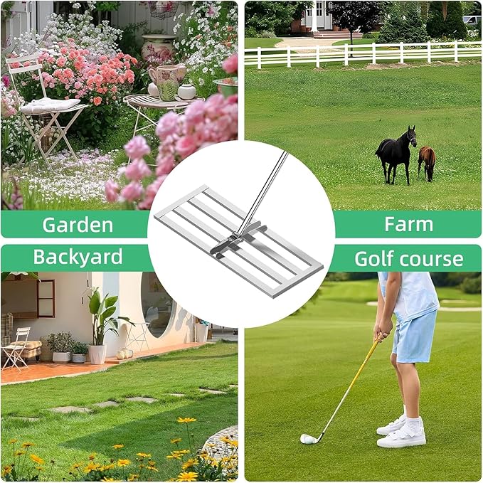 Lawn Leveling Rake 30"x10", Heavy-Duty Stainless Steel Yard Leveling Rake, Professional Soil Leveling Tool for Pastures, Golf Lawns, Gardens, Yards (Silver)