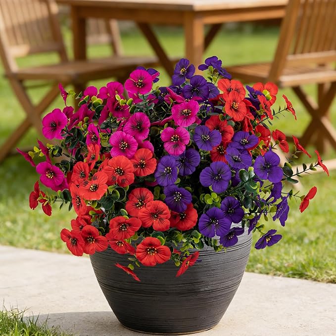 17 Inch Artificial Faux Pansy Flowers for Outdoor,Fake Pansies Flowers with Eucalyptus Leaves Fake Plants Greenery Boxwood Porch Patio Decor 6 Bundles(Red,Rose Red,Dark Purple)