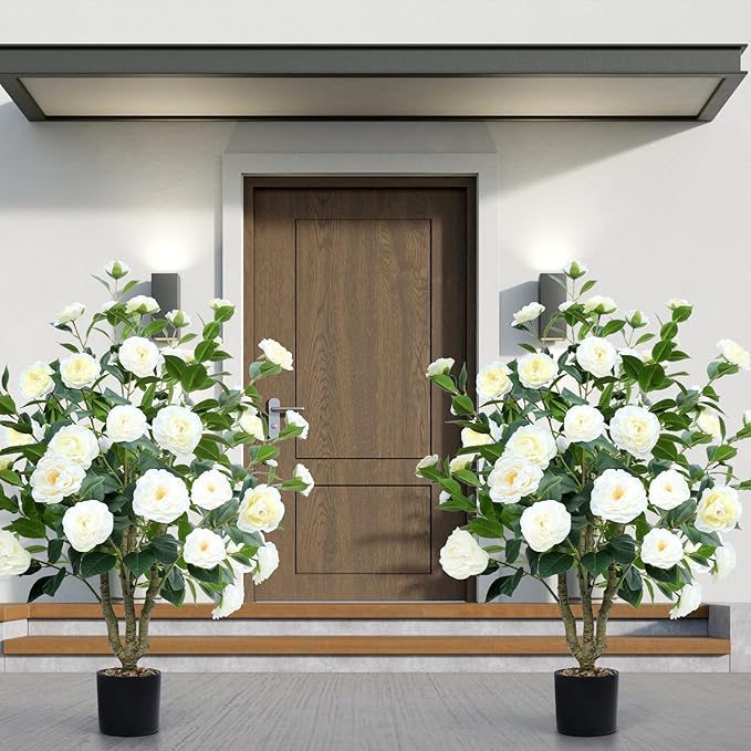 Artificial Camellia Tree 2 Pack 42" Faux Camellia Plant in Pot with 32 Blooming Flowers Fake Flower Tree Greenery Potted Plant for Indoor Outdoor Office Home Porch Decor White