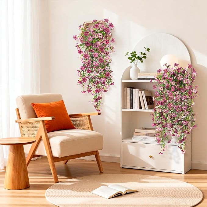 Artificial Fake Hanging Flowers Plants for Outdoor Spring Decoration,2 PCS Faux Silk Daisy with Eucalyptus Leaves,UV Resistant Look Real for Outside Home Indoor Planter Porch Patio Balcony Yard Decor