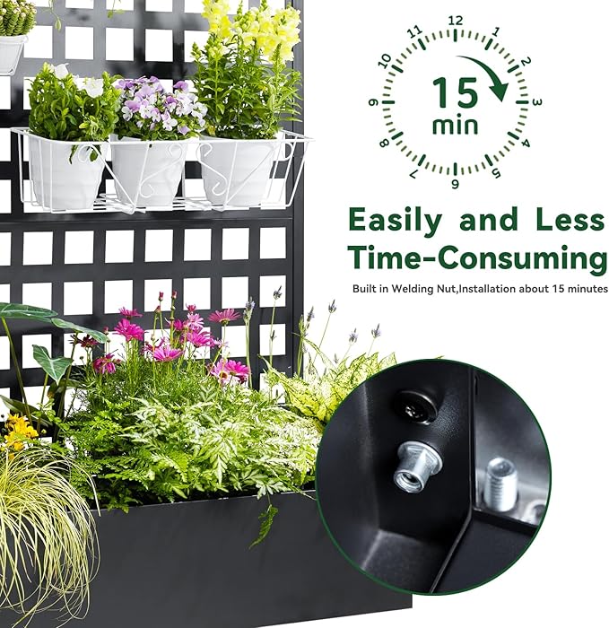 Metal Planter Box with Trellis, 71"x47"x16" Raised Garden Bed Outdoor with Privacy Screen & Lattice Trellis & Lockable Casters, Vertical Garden Box with Drainage Hole for Climbing Plants, Vegetable