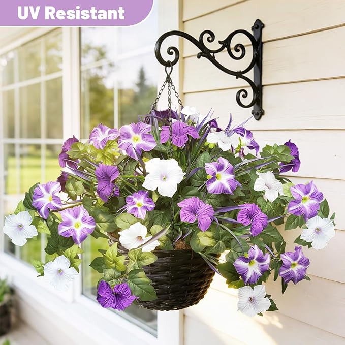 Artificial Flowers Plants for Outdoors, 6PCS UV Resistant Faux Flowers Outdoor Plants, Fake Petunias Silk Flowers for Garden Balcony Yard Porch Decor (White Purple)