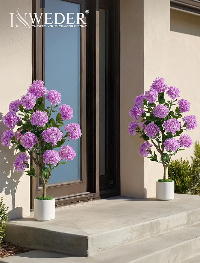 Artificial Flower Tree for Outdoor: 3.6ft Fake Crape Myrtle Tree Set of 2 for Front Porch Door Indoor Decor - Purple Realistic Silk Plant with Pot for Home Living Room Patio Decorations