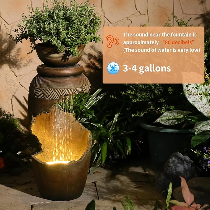 Free Standing Garden Fountain with Planter, Tiered Urn Water Fountain Outdoor, Cascading Waterfall Resin Fountain for Patio, Yard, Porch and Home Décor, Cracked Urn Design(Terracotta Brown)