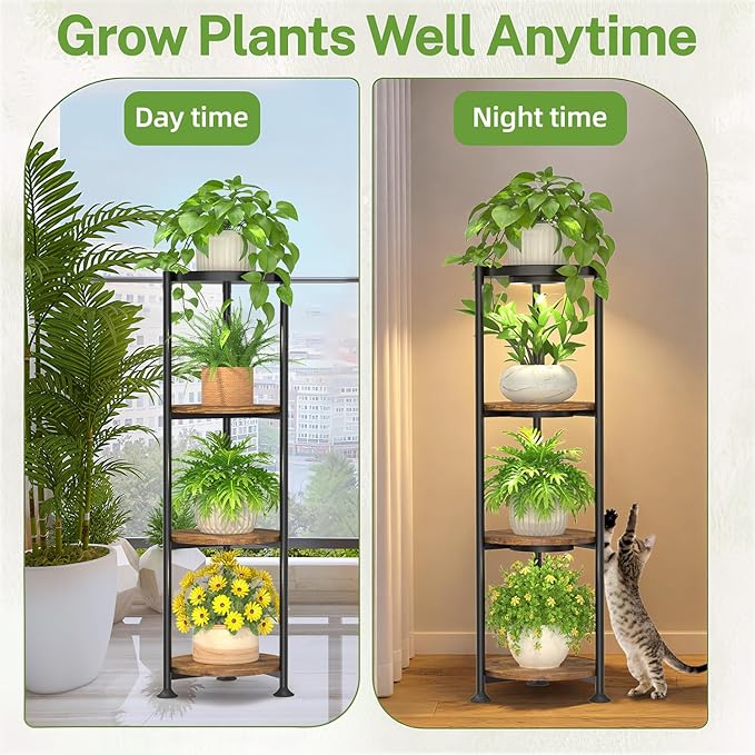 iDavosic.ly 4 Tier Plant Stand Indoor with Grow Light, 30 Inch Tall Vertical Corner Metal Flower Heavy Duty Pot Holder Shelf, Modern Black & Rustic Brown - Round