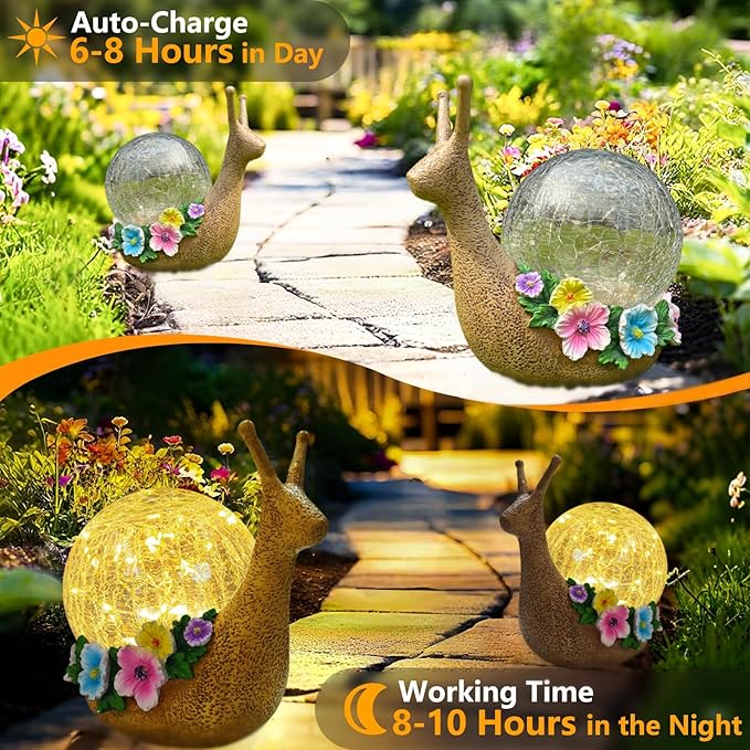Solar Snail Garden Decorations Outdoor Lights Yard Decor,Resin Fariy Statues Cracked Glass lamp Outside for Backyard Patio Lawn Porch,Unique Gifts for Women Mom Grandma