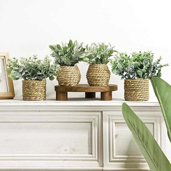 Small Fake Potted Plants: 7 Inches Artificial Plants with Seagrass Handwoven Planters, Indoor Farmhouse Spring Decorations, Eucalyptus Plant for Home Bathroom Office Shelf Tabletop Desk Room Decor