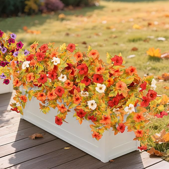 Ammyoo Artificial Fall Flowers Fake Petunias Plants for Outdoor Decoration, 2 Pcs Silk Faux Flowers UV Resistant No Fade Plants for Garden Balcony Yard Porch Realistic Indoor Decor (Orange White)