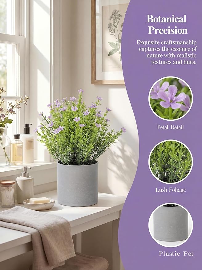 2 Pack Small Desk Plants, Artificial Bathroom Plants Decor with Thyme Flower in Vintage Melamine Pots, Faux Plants Indoor for Shelf Decor in Home Office, and Spring Decor (Ivory)