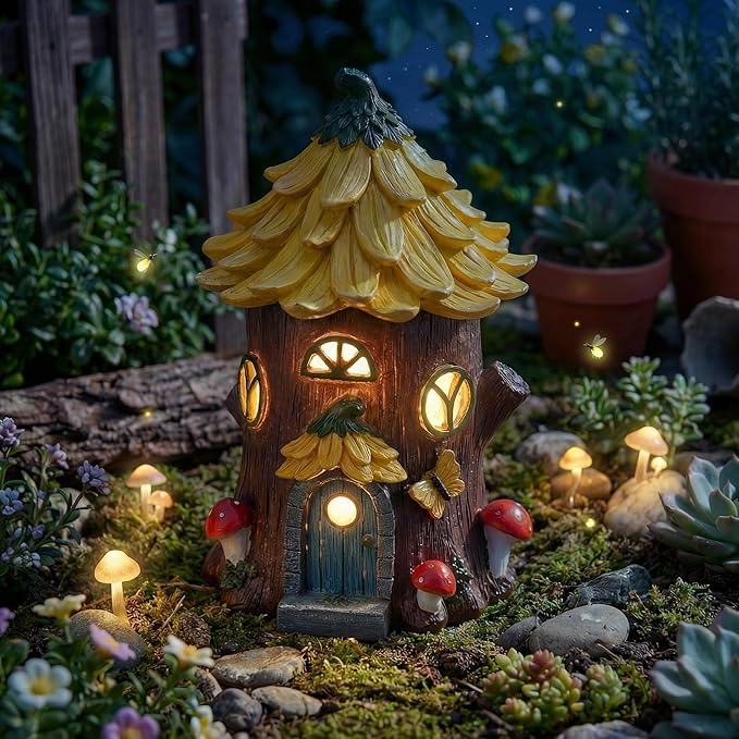 Lavezee Fairy House Outdoor Figurine Lights for Garden Decor, Fairy Garden Houses for Front Porch Patio Backyard Yard Decoration, Birthday Gifts for Mom Women