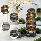 Solarbloom 38.9" H Large Outdoor Fountain, 5-Tier Cascading Rock Waterfall Fountain with LED Lights, Freestanding Water Feature for Garden Patio Backyard Porch Decor