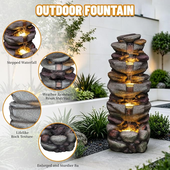 Solarbloom 38.9" H Large Outdoor Fountain, 5-Tier Cascading Rock Waterfall Fountain with LED Lights, Freestanding Water Feature for Garden Patio Backyard Porch Decor