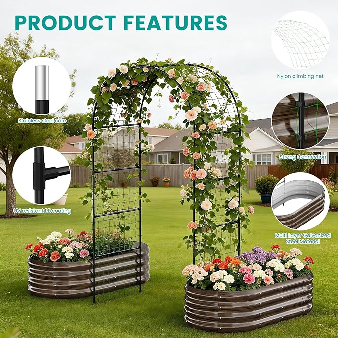 SUNYRISY Galvanized Raised Garden Bed with 87" H Arch Trellis for Climbing Plants Outdoor, Metal Planter Box with Netting for Gardening Flowers Vegetables Fruit Herb, Wood Grain