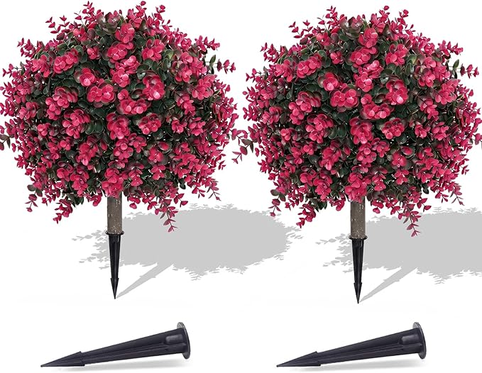PATIO CHOICE Topiary Trees Artificial Outdoor Boxwood Ball Trees with Ground Spike Set of 2 22" Fake Outdoor Plants Faux Bushes and Shrubs Decorations for Outdoor Indoor Front Porch Garden