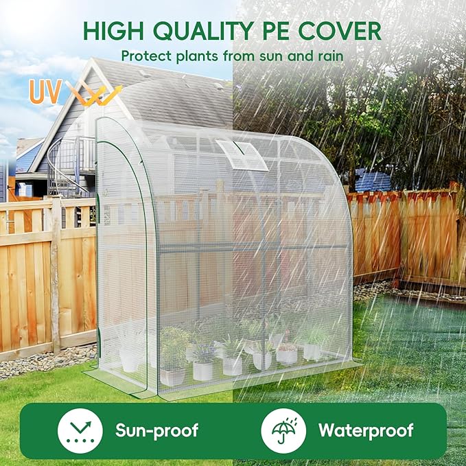 SPECILITE 79” x 40” x 83” Lean to Greenhouse for Outdoors, Portable Walk-in Plant Green House with 1 Roll-up Zipper Door and Mesh Window, Reinforced Steel Frame with PE Cover, Anchor and Ropes, White