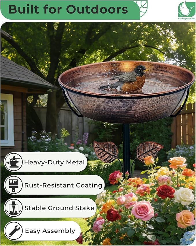3" Deep Metal Bird Bath for Outdoors, Removable 13" Dia Bowl with Stable Upgrades Stake, Easy to Clean Birdbaths for Garden Yard Lawn Decor 1.4 Gallon