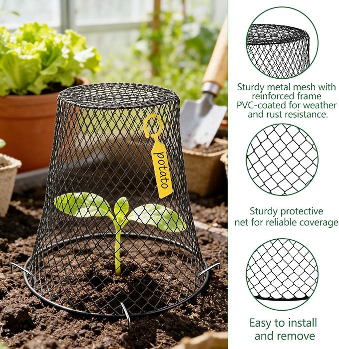 Cyrico 12 Pcs Plant Protectors from Animals, Chicken Wire Cloche Kit with Stakes and Labels, Metal Mesh Garden Cloches Keeps Out Rabbits, Squirrels and Birds for Seedlings Vegetables Flowers Outdoor