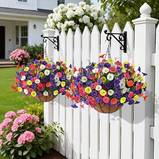 Homsunny Artificial Hanging Flowers Plants with Basket for Outdoors - Fake Petunias Flowers Fake Silk Morning Glory Planter for Outside Porch Patio Balcony Garden Spring Summer Decor(Color Blending)