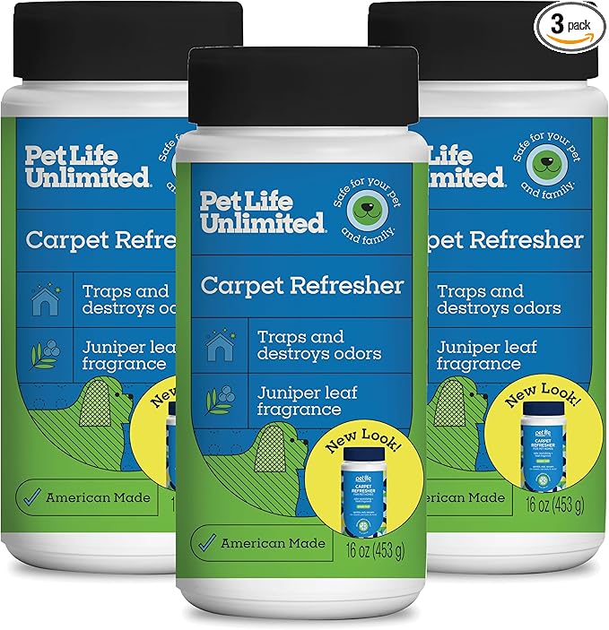 Pet Life Unlimited Carpet Deodorizer Powder, 16 oz, Strong Pet Odor Eliminator & Carpet Freshener, Plant-Based Juniper Leaf Scent, Pet Safe (Pack of 3)