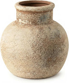 Farmhouse Table Vase, 5.7 Inch Ceramic Pot, Rustic Boho Terracotta Decor for Shelf, Mantel, Bookshelf, Living Room, Handmade Aged Look Centerpiece