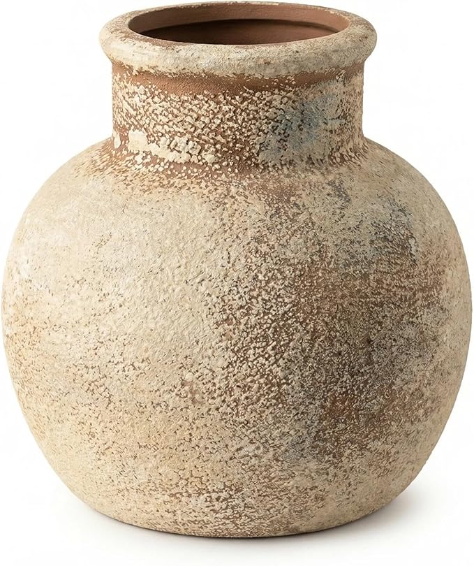 Farmhouse Table Vase, 5.7 Inch Ceramic Pot, Rustic Boho Terracotta Decor for Shelf, Mantel, Bookshelf, Living Room, Handmade Aged Look Centerpiece
