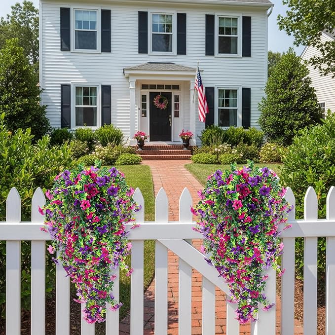 CEWOR 4pcs Artificial Hanging Plants for Outdoor, Fake Flowers Faux Silk Daisy with Eucalyptus, UV Resistant Realistic Faux Flower Greenery for Outside Indoor Home Porch Patio Decor, Purple