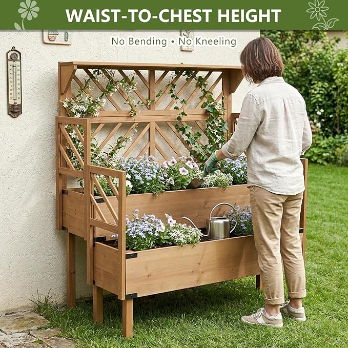 ketive 2 Tier Raised Garden Bed with Trellis & Top Shelf, Elevated Wooden Planter Box for Vegetables Flowers Herbs, Outdoor Vertical Gardening Planter for Backyard Patio Balcony