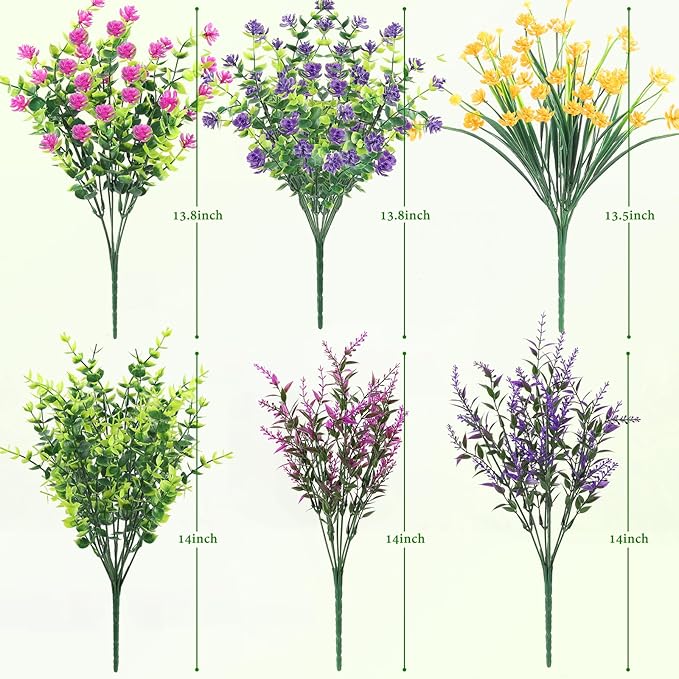 ATTGREAT Artificial Spring Flowers Outdoors UV Resistant Fake Greenery Plants Realistic Plastic Flowers Outside Faux Silk Wildflowers for Home Planter Porch Garden Decor, 6 Bundles (Multicolor)