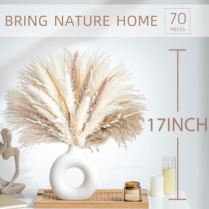 70PCS Natural Dried Pampas Grass Boho Home Decor Bouquet Phragmites Dried Flowers Bouquet for Wedding Floral Arrangements Living Room Decorations (70PCS)