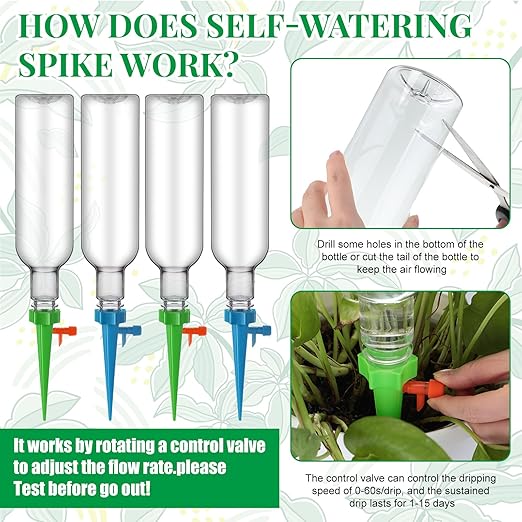 SiliFine 8 Set Plant Watering Devices with Self Watering Spikes and 26 oz Plastic Bottles Plant Waterer Devices with Adjustable Control Valve Switch Indoor Outdoor (Clear)