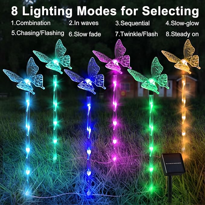 Set of 6 Arcylic Solar Butterfly Lights for Outside, Solar Powered Garden Decorations with 8 Lighting Modes, Outdoor Waterproof Pathway Lights for Yard, Patio Plant Pot, Flower Bed (Butterfly)