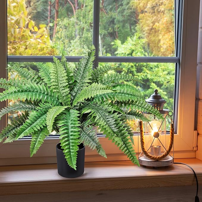 Fake Ferns Potted Plant, Artificial Boston Ferns in Pot, 34 Leaves for Outdoors & Indoor Faux Boston Bush Plant Artificial Greenery Patio Garden Farmhouse Windowsill Porch Home Decor
