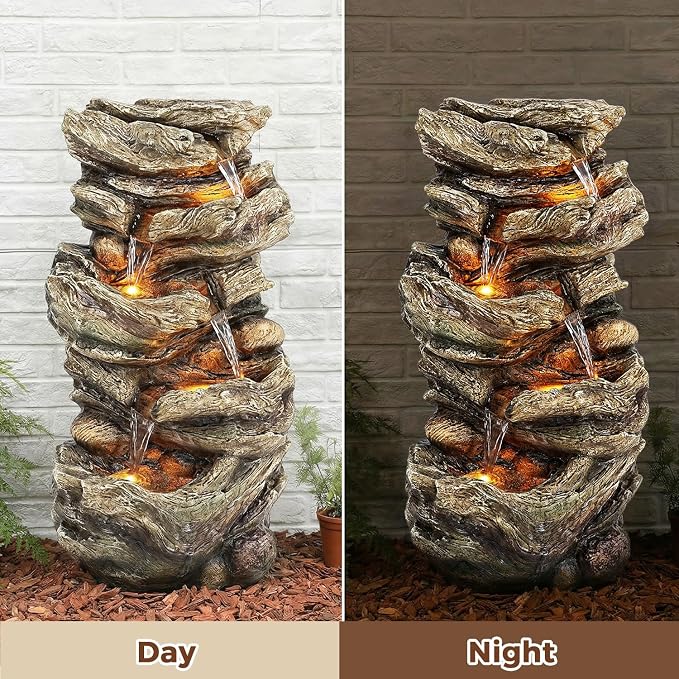 Jocoevol 32" High Outdoor Water Fountain, 5-Tiers Cascading Rock Waterfall Fountain with LED Lights for Garden, Patio, Yard Decor, Soothing Tranquility for Any Outdoor Living Space