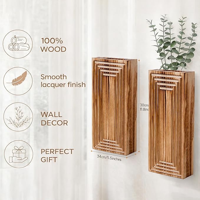 Wooden Wall Planter Vase,2 Pack Hanging Planter for Indoor Fake Plants Modern Boho Farmhouse Wall Art Decor for Home Indoor Kitchen Modern Farmhouse Bathroom Living Room Dining Room(Brown)