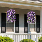 Artificial Fake Hanging Flowers Plants for Outdoor Spring Decoration,2 PCS Faux Silk Morning Glory with Eucalyptus Leaves,UV Resistant Realistic Outdoor Flowers for Balcony Porch Patio Yard Garden