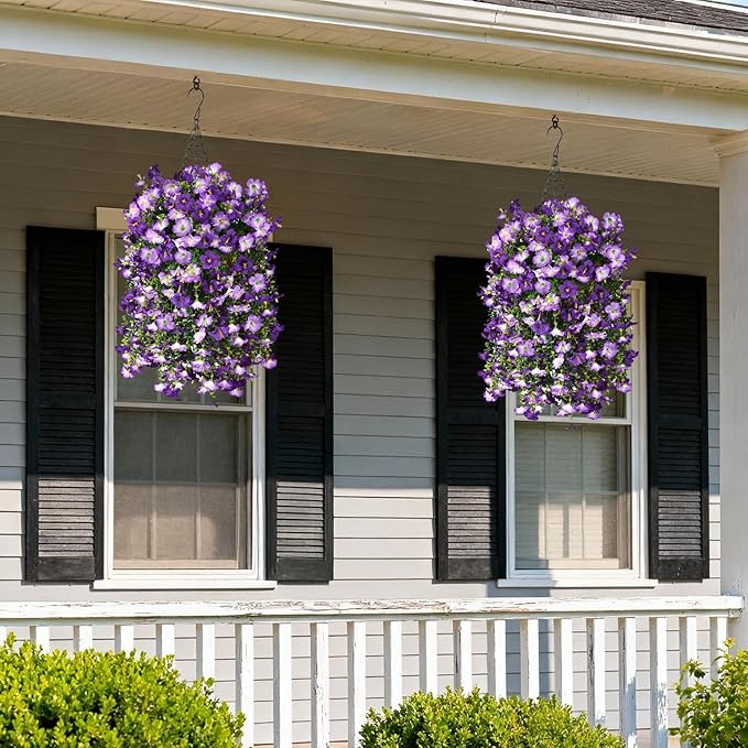 Artificial Fake Hanging Flowers Plants for Outdoor Spring Decoration,2 PCS Faux Silk Morning Glory with Eucalyptus Leaves,UV Resistant Realistic Outdoor Flowers for Balcony Porch Patio Yard Garden