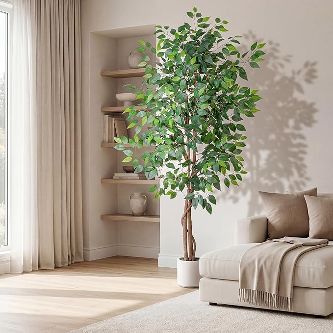 Artificial Ficus Tree 6FT Tall, Faux Ficus Tree Indoor Outdoor, Fake Silk Ficus Plant with Planter, Lifelike Leaves Large Potted Floor Tree for Home Office Living Room Porch Decor
