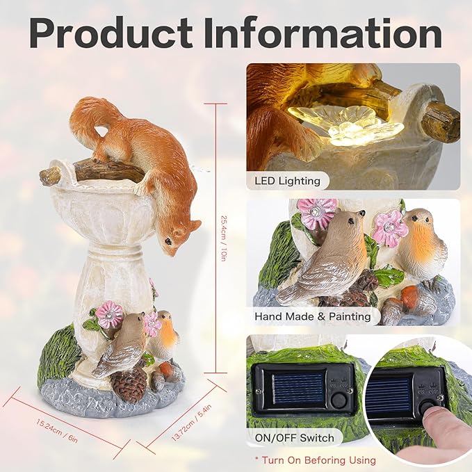 HUYIENO Solar Garden Statue Outdoor Decor Ornament Waterproof Solar Powered LED Lights for Yard, Patio, Lawn Gift for Mom, Women, Housewarming Squirrel