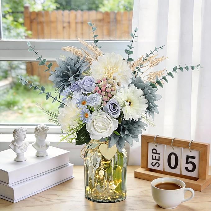 Fake Flowers in Vase, Dusty Blue Artificial Flowers Arrangement in Vase, Fake Floral Table Centerpieces for Kitchen Farmhouse Coffee Table Living Room Cemetery Gravesites Decor