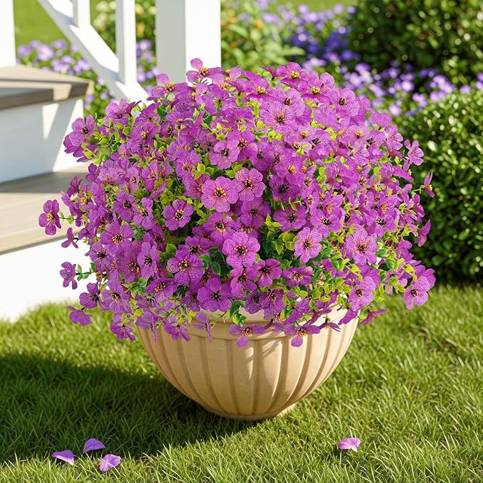 ATTGREAT Artificial Flowers Outdoor Faux Plants UV Resistant Fake Patio Flowers Plastic Greenery Plnats Outside Bulk for Spring Garden Hanging Planter Home Vase Decor, 24 Bundles (Purple)