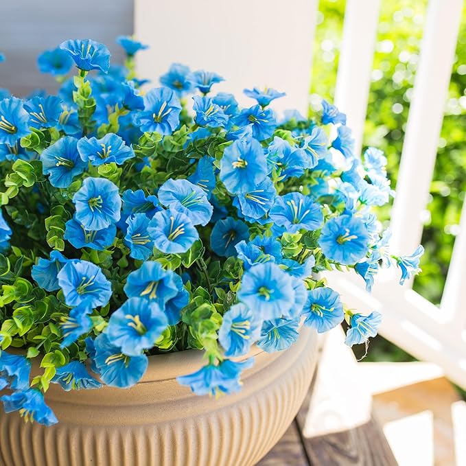 HyeFlora Artificial Fake Outdoor Flowers Plants for Spring Summer Decor, 12 Bundles Outside Silk Blue Morning Glory UV Resistant Look Real Faux Flowers for Front Door Patio Porch Yard Window Balcony