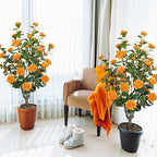 2 Pack 43.3"/3.6FT Artificial Tree with Camellia Flowers Fake Tree with 32 Blooming Flowers Orange Tree for Spring Home Front Door Outdoor Indoor Decor (Including Faux Moss)