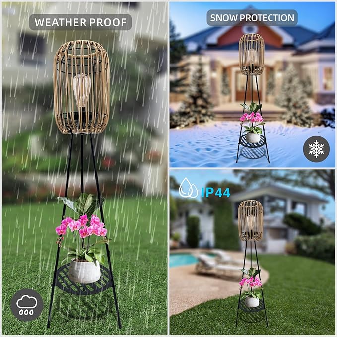 40.55'' Metal Outdoor Solar Floor Lamps with Waterproof Solar Rattan Lights Plant Stand Porch Lantern Decoration for Patio Deck Yard Garden Porch