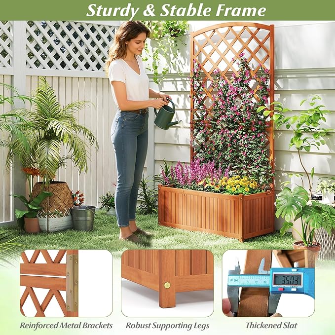 Giantex Solid Acacia Wood Planter Box with Trellis, 63" Set of 2 Raised Garden Bed with Trellis, Plant Box, Slat Base, Outdoor Privacy Planter for Vine Climbing Plants Flowers, Garden, Patio, Balcony