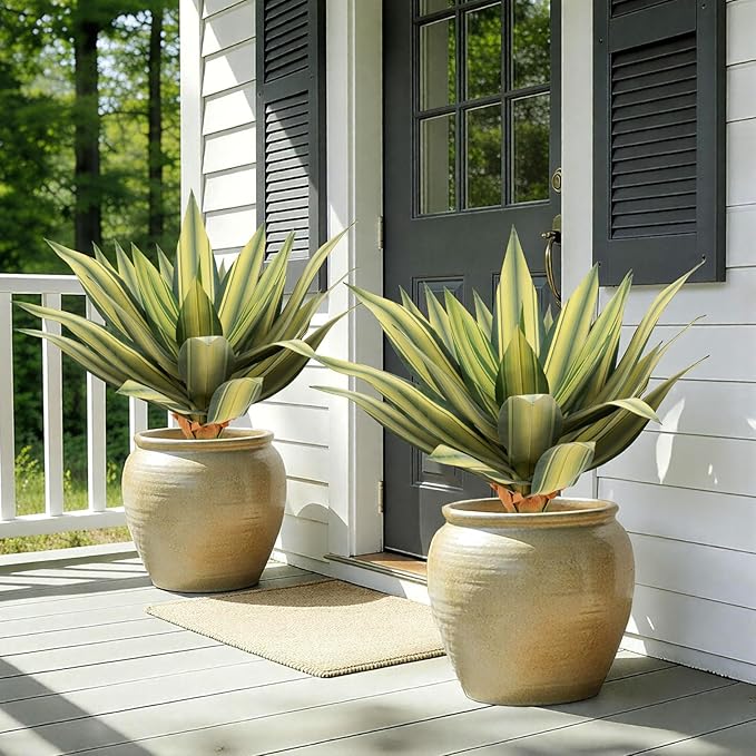 Artificial Agave Plant Outdoor 28” Tall, Large UV Resistant Fake Agave Plants with 23 Pre-Dusted Leaves, Faux Succulents Plant for Home Front Porch Patio Garden Yard Indoor Decor 2Pack